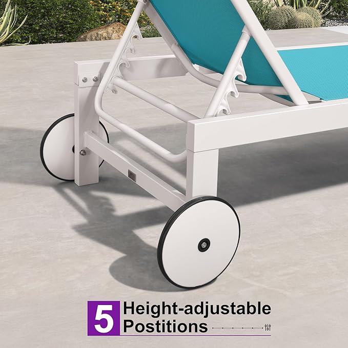 PURPLE LEAF Outdoor Lounge Chairs Set of 2 White Aluminum Chaise Lounge Chair Five-Position Adjustable Chaise Lounges with Wheels and Table for Pool Deck Patio, Turquoise