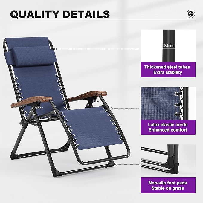 PURPLE LEAF Oversized Outdoor Reclining Chair Patio Zero Gravity Chaise Lounge Folding Chair with Removable Cushion Adjustable Headrest for Lawn Camping Beach Pool Navy Blue