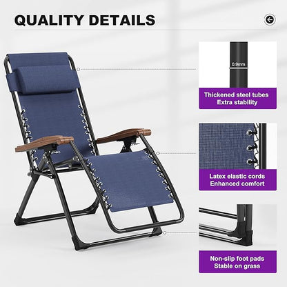 PURPLE LEAF Oversized Outdoor Reclining Chair Patio Zero Gravity Chaise Lounge Folding Chair with Removable Cushion Adjustable Headrest for Lawn Camping Beach Pool Navy Blue