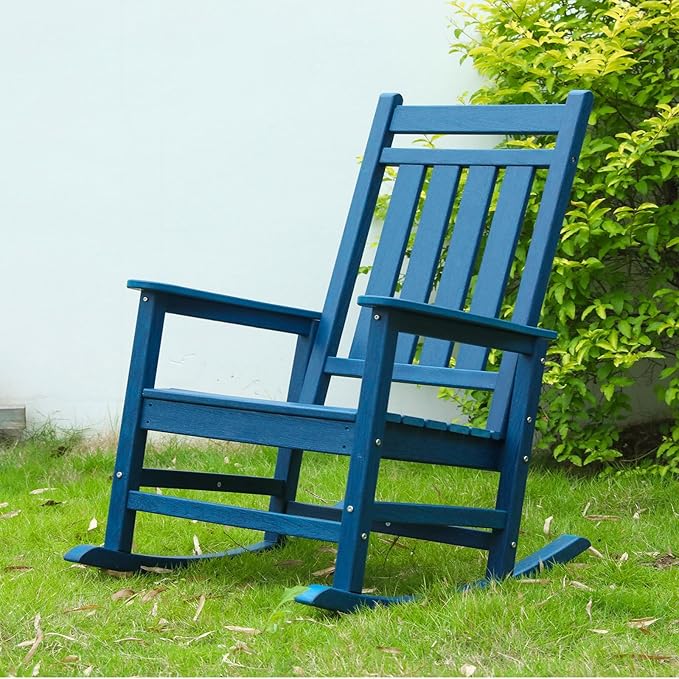 Outdoor Rocking Chair for Adults, High Back Patio Rocking Chair, HDPE All Weather Resistant Porch Rocker for Lawn, Porch, Backyard, Indoor and Garden (Navy Blue)