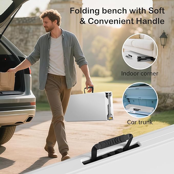 6 Foot Folding Bench, Portable Plastic Folding Bench Seat, Foldable Seat for Indoor Outdoor Picnic Camping Dining, Soccer Garden Multipurpose Entertaining Activities, White, 2 Pack
