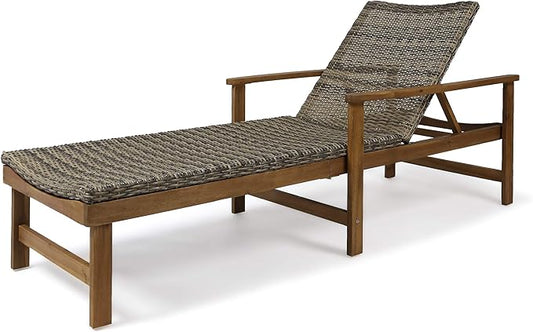 Great Deal Furniture Kyle Outdoor Rustic Acacia Wood Chaise Lounge with Wicker Seating, Natural and Gray