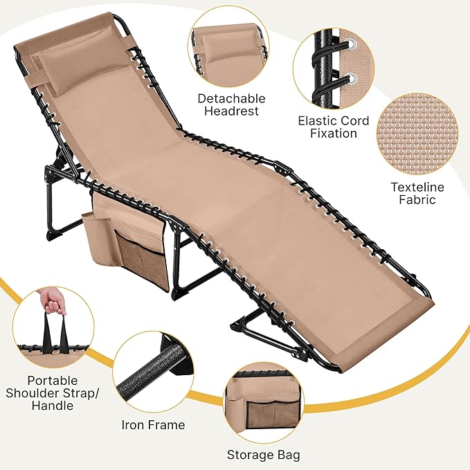 Yaheetech 22.4" Outdoor Folding Tanning Chair, Chaise Lounge Chairs with 5 Back Position Adjustable, Extended Portable Lounger for Beach, Patio, Beige