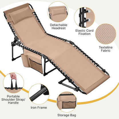 Yaheetech 22.4" Outdoor Folding Tanning Chair, Chaise Lounge Chairs with 5 Back Position Adjustable, Extended Portable Lounger for Beach, Patio, Beige