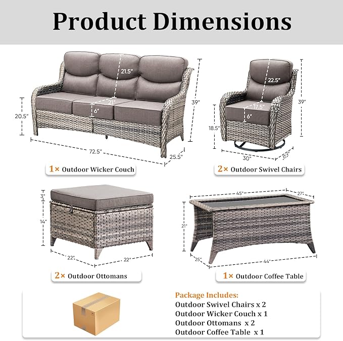 Luxury High Back Patio Furniture Set with 6-Inch Thick Cushions, 6-Pieces Outdoor Furniture with Swivel Chairs, Wicker Conversation Set for Porch, Balcony, Deck and Yard, Grey