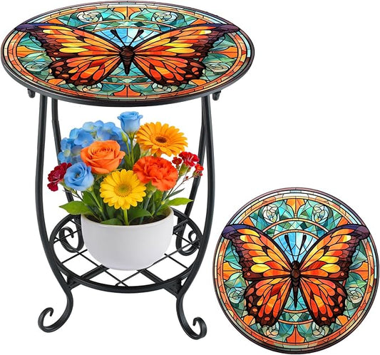 Outdoor Side Table Round Small Mosaic Patio Accent Indoor End Plant Coffee Tea Table for Yard Patio Porch Garden Living Room, Bedroom(Butterfly B Style,12 Inch)