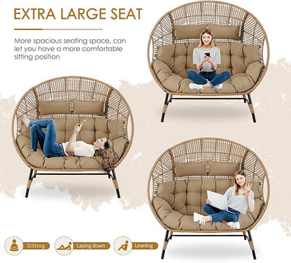 NICESOUL® Double Egg Chair Indoor Outdoor Stationary Oversized 6.5" Thick Padded Cushions,2 Person Wicker Egg Loveseat Chair, Extra Wide Lounge Chair for Patio Balcony Porch Brown with Cover