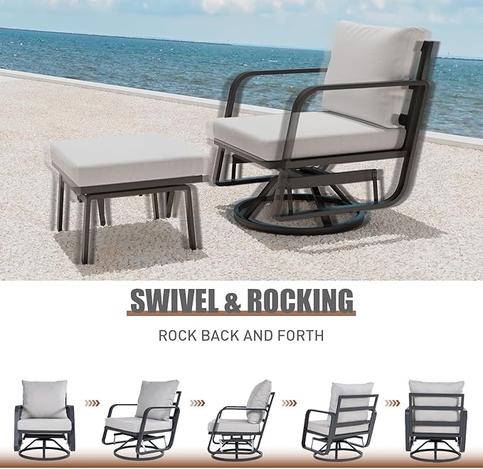 Patio Glider Swivel Rocker Sets: 5Pieces Aluminum Alloy Ensemble with 360° Swivel Rocking Glider Chairs, Rust-Resistant Frame Gray Cushions -Perfect for Decoration (2 Glider chairs& 2Ottomans+1Table)