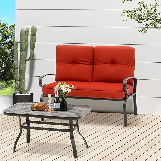 Oakcloud Outdoor 2 Pcs Patio Loveseat Bench Metal Frame Furniture Set with Thick Cushions and Coffee Table, Wrought Iron Look (Red)