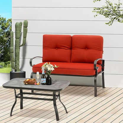 Oakcloud Outdoor 2 Pcs Patio Loveseat Bench Metal Frame Furniture Set with Thick Cushions and Coffee Table, Wrought Iron Look (Red)