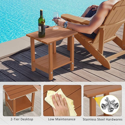 Adirondack Outdoor Side Table, 16.6" Small Patio End Table, 2-Tier HDPE Plastic Table for Poolside Porch Garden, Weather Resistant & Easy Assembly (Teak, Rectangle)