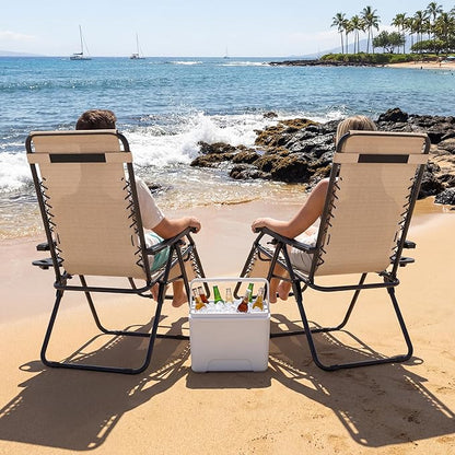 Set of 2 Adjustable Zero Gravity Lounge Chairs Outdoor Recliner w/Cup Holder Tray & Removable Pillows, Ergonomic Reclining Chair for Camping Patio Lawn Balcony (Beige-Brown)