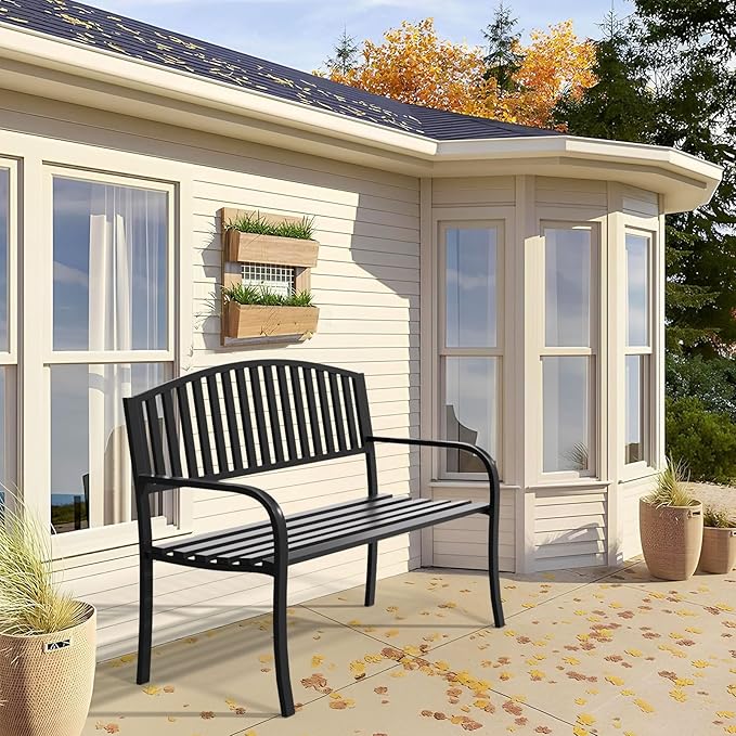 Outdoor Bench Garden Bench Patio Bench,Weatherproof Anti-Rust Metal Powder Coated Frame Park Bench,Metal Bench for Yard & Porch & Park (Vertical line)