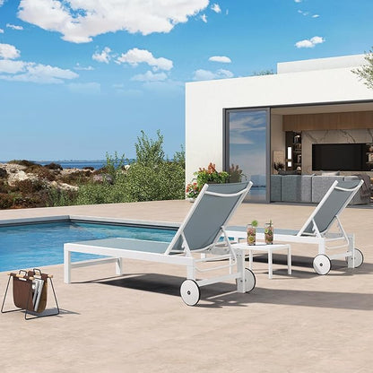 PURPLE LEAF Outdoor Chaise Lounge Chairs Set of 2 White Aluminum Lounge Chair Five-Position Adjustable Chaise with Wheels and Table for Pool Deck Patio, Steel Blue