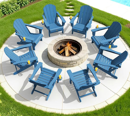 SERWALL Folding Adirondack Chair Set of 8, Weather Resistant Patio Chair with Cup Holder for Patio Garden Outdoors Fire Pit- Sapphire
