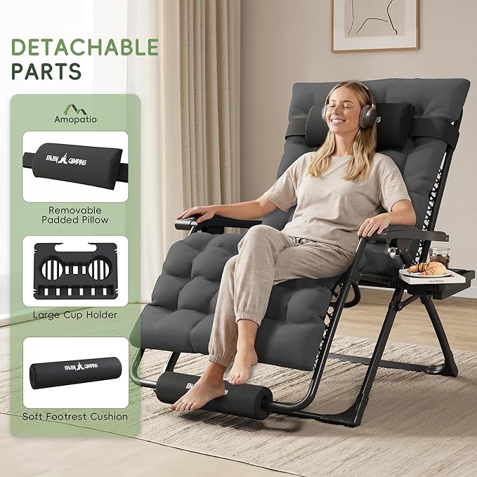 Amopatio Oversized Zero Gravity Chair, 29in Reclining Camping Lounge Chair Upgraded Lock and Footrest, Folding Patio Recliner with Cup Holder, Removable Cushion & Headrest