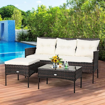 Tangkula 3 Pieces Patio Conversation Set, Outdoor PE Rattan Wicker Furniture Set W/Cozy Cushions, All Weather Sectional Sofa Set W/Tempered Glass Coffee Table for Poolside, Backyard, Garden