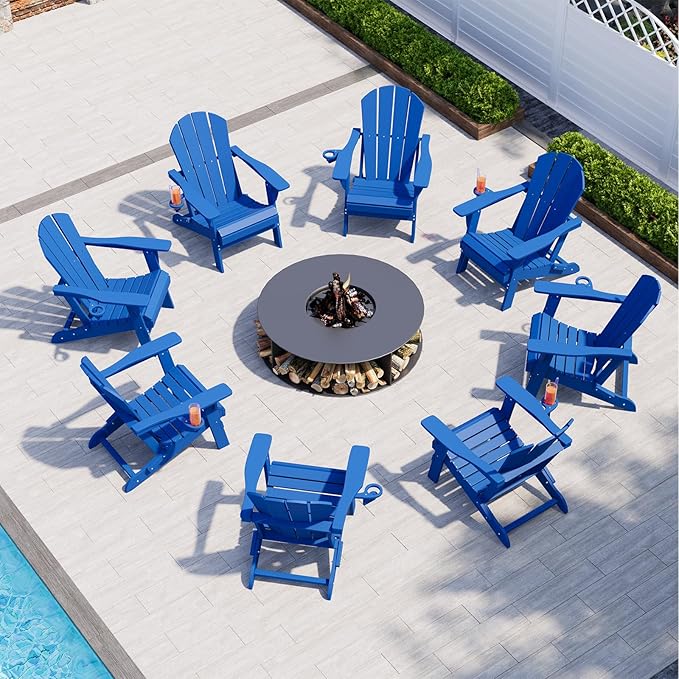 Folding Adirondack Chairs with Cup Holders, Set of 4 HDPE Plastic Outdoor Chairs, Weather Resistant, Real Wood Look - Photo 8