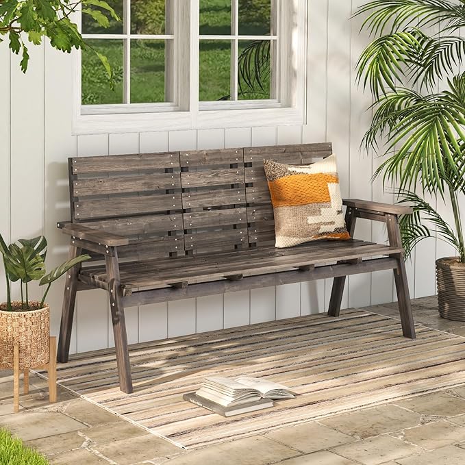 Tangkula Outdoor Fir Wood Bench with Foldable Middle Table, 2-3 Person Garden Bench with Backrest and Armrests, 710 lbs Weight Capacity, Slatted Seat Bench for Porch, Patio, Backyard