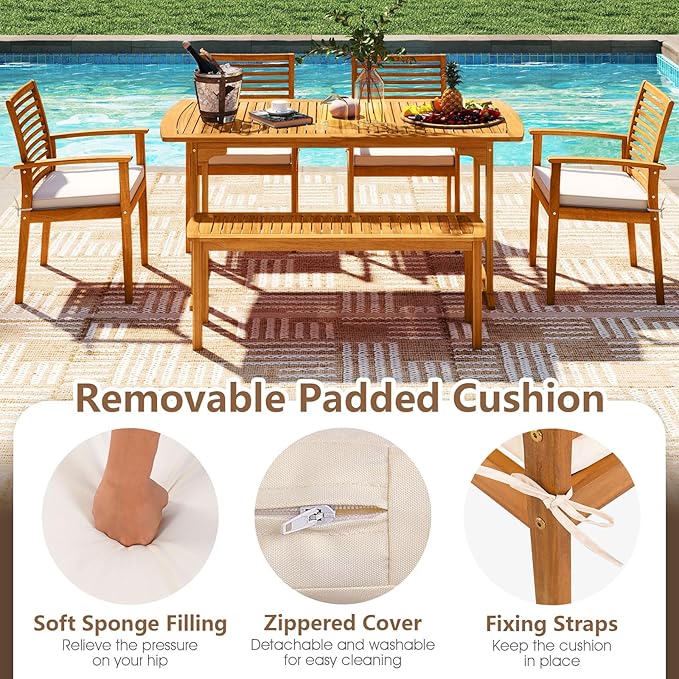 Tangkula Acacia Wood Patio Dining Chairs Set of 4, Outdoor Armchairs with Removable Padded Cushion, Slatted Backrest, 400 LBS Weight Capacity, Outside Dining Furniture for Deck, Garden, Poolside, Yard