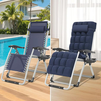 Magshion Zero Gravity Chair with Cushion, Reclining Outdoor Patio Lounge Chair, Folding Indoor Anti Gravity Recliner, Portable Lounger with Removable Cup Holder Side Tray and Pillow Headrest (Blue)