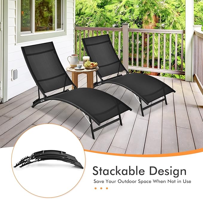 Giantex Outdoor Chaise Lounge Set of 2, Foldable Pool Lounge Chairs with 5-Position Adjustable Backrest, Quick-Drying Fabric, Patio Lounger for Backyard, Beach, Lawn, Sunbathing Recliner, Black