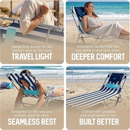 Ostrich the Ladies Comfort Lounger with Chest Support, Foldable & Portable Reclining Outdoor Patio Beach Lawn Camping Pool Tanning Chair, Blue Stripe