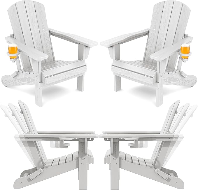 SERWALL Folding Adirondack Chair Set of 4, Reclining Adirondack Chair with 3 Recline Positions, All Weather HDPE Outdoor Adirondack, White