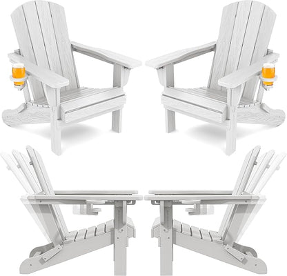SERWALL Folding Adirondack Chair Set of 4, Reclining Adirondack Chair with 3 Recline Positions, All Weather HDPE Outdoor Adirondack, White