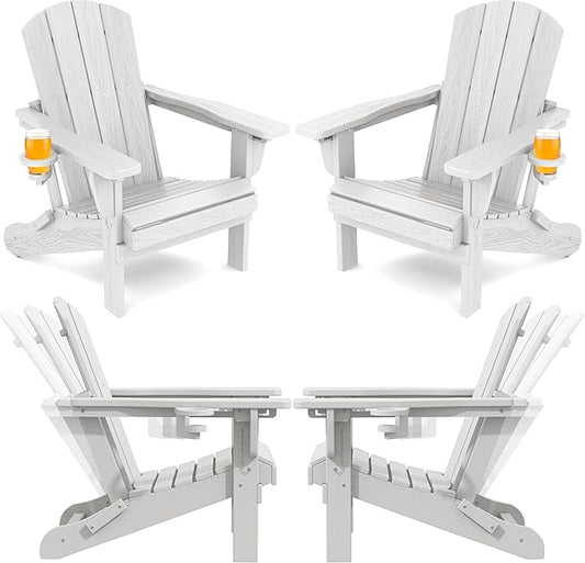 SERWALL Folding Adirondack Chair Set of 4, Reclining Adirondack Chair with 3 Recline Positions, All Weather HDPE Outdoor Adirondack, White