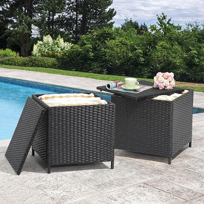 Verano Garden Outdoor Wicker Side Table Set of 2, Small Storage Rattan Wicker End Table, Square Resin Coffee Table for Garden Porch Deck Living Room Backyard