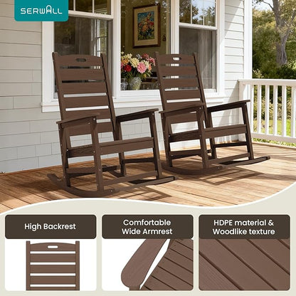 SERWALL Outdoor Rocking Chair Set of 4, Oversized HDPE Patio Rocking Chair with Footrest for Adults, All Weather Porch Rocker for Deck Patio Balcony, Brown