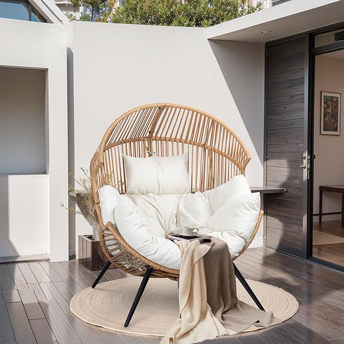 JAMFLY Egg Chair Wicker Outdoor Chairs, Oversized Patio Chair Oversized Lounger Chair with Cushion for Indoor Living Room, Bedroom, Outside Patio Backyard Balcony, Beige