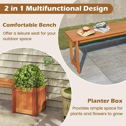 2 Benches with Planter Boxes, 2 in 1 Wooden Flower Box Kit with Seat, Open-Ended Base & Slotted Construction, Outdoor Plant Container for Garden, Yard, Balcony (Natural)