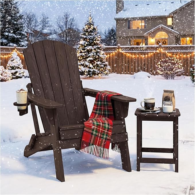 Folding Adirondack Chair with Cup Holder, HDPE All Weather Resistant Plastic Outdoor Patio Chairs, Heavy Duty Fire Pit Seating for Backyard Lawn Garden, Wooden Textured Design(Coffee)