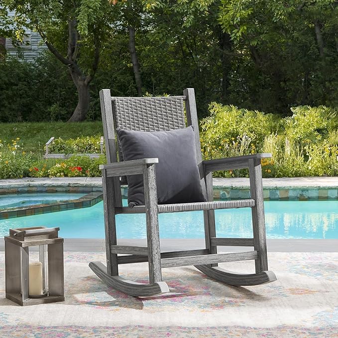 HDPE Rocking Chair Outdoor, Wicker Rocking Chair for Outside, Woven Seat & Back, All Weather Ratten Outdoor for Porch, Garden, Lawn, Balcony (Grey)