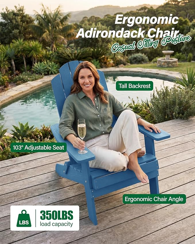 MXIMU Folding Adirondack Chair for Outdoor: Easy to Assemble and Comfortable Adirondack Chairs Set of 6 - All Weather Composite Plastic Chair for Outside Fire Pit Patio Lawn Garden Backyard Use(Navy)