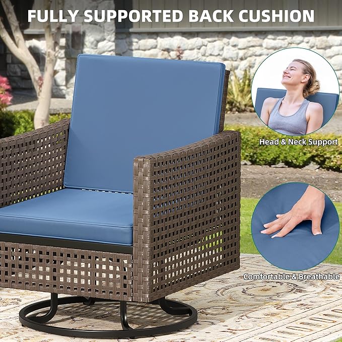 YITAHOME Outdoor Swivel Chair 3 Pieces, Wicker Patio Furniture, Porch Furniture, Swivel Wicker Patio Chairs with Rattan Side Table, Thickened Cushions for Porch, and Yard, Blue