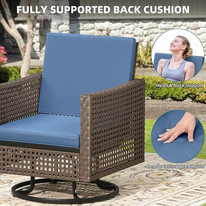 YITAHOME Outdoor Swivel Chair 3 Pieces, Wicker Patio Furniture, Porch Furniture, Swivel Wicker Patio Chairs with Rattan Side Table, Thickened Cushions for Porch, and Yard, Blue