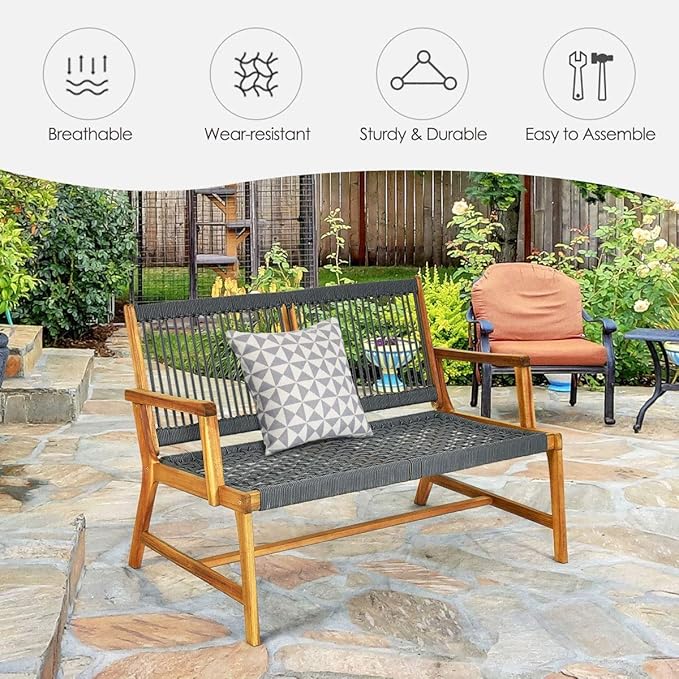 LDAILY Moccha Wood Rope Patio Bench, Modern Outdoor Acacia Park Garden Patio Furniture, 2-Person Solid Wood Patio Loveseat, Knitting Bench with Armrest & Backrest