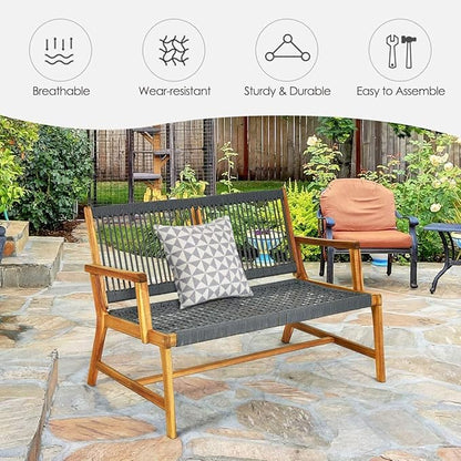 LDAILY Moccha Wood Rope Patio Bench, Modern Outdoor Acacia Park Garden Patio Furniture, 2-Person Solid Wood Patio Loveseat, Knitting Bench with Armrest & Backrest