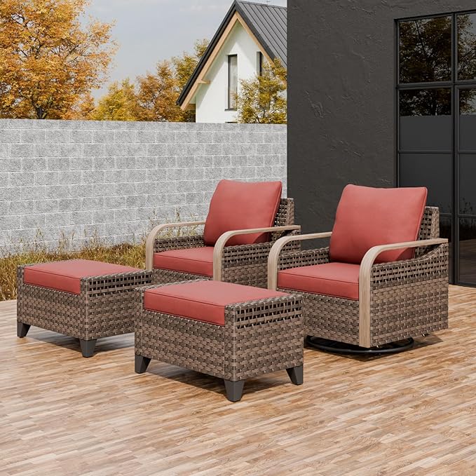 EAGLE PEAK Modern Wicker Outdoor Glider Rocking Chair, Swivel Rocker, Rattan Patio Furniture for Yard Deck Porch Garden, 2 Chairs 2 Ottomans, 4 Piece, Brown/Red