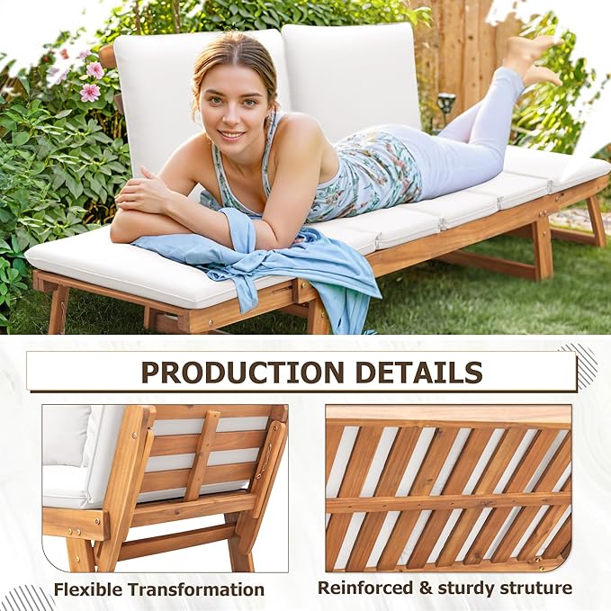 Devoko Outdoor Couch Acacia Wood Patio Couch with Adjustable Armrests - Photo 3
