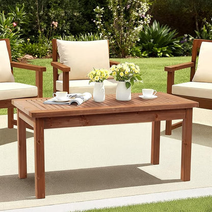 VINGLI Outdoor Wood Coffee Table, 35" Farmhouse Side Table for Patio, Solid Cedar Wood Accent Table with Slatted Tabletop, Weather-Resistant End Table for Garden, Poolside, Lawn, Living Room (Brown)