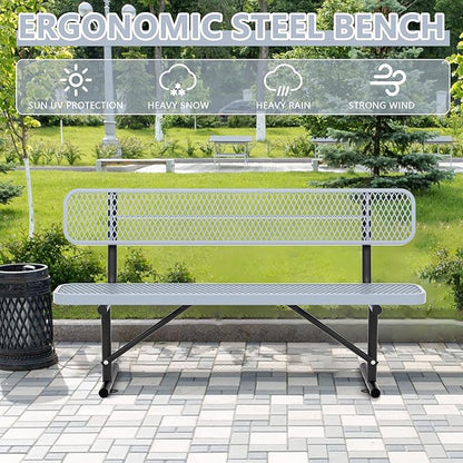 72" Metal Park Benches for Outside - Gray Outdoor Benches Heavy Duty Garden Weatherproof Bench with Backrest, Buddy Bench for Schools,Commercial Benches for Shopping Mall, Store, Yard, Patio