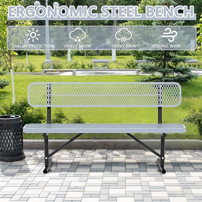 8ft Park Bench with Backrest, Gray Heavy Duty Outdoor Metal Bench Weatherproof Steel Long Playground Bench Seats, Commercial Garden Benches Dock Benches for Lawn, Park, Deck,Patio, Porch