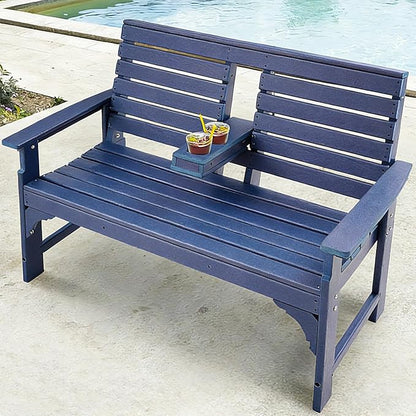 HDPE Outdoor Bench with Cup Holders, All Weather Garden Bench Suitable for 2-3 Person, Patio Benches Furniture with High Backrest and Wide Armrests for Front Porch, Garden, Backyard and Park, Blue