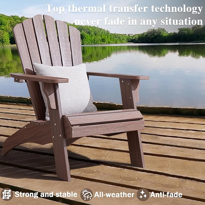 Psilvam Oversized Adirondack Chair, Fade-Resistant & Odor-Free Poly Lumber Fire Pit Chairs with Cup Holder, Weatherproof Lawn Chair, Installs in 15 Min Patio Chair, 350 Lbs Support (2, Light Brown)