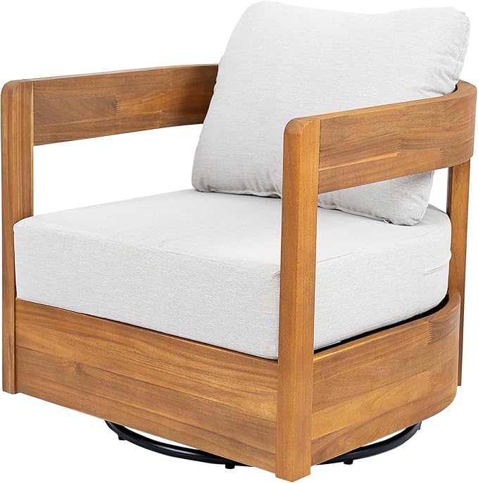 Christopher Knight Home Telluride Outdoor Acacia Wood Swivel Club Chair with Removable Cushion, 360° Rotating Patio Armchair for Garden, Balcony, or Poolside Seating, Teak + Beige