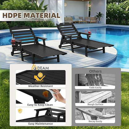 Mdeam 6-Position Lounge Chair Outdoor, 22" W Oversized Sun Tanning Chair, 500LBS Capacity, HDPE All-Weather Patio Lounge Chaise with Wheels Cup Holder for Pool Beach Backyard Lawn Deck, Black